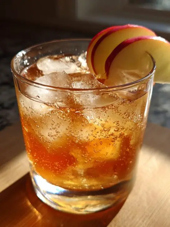 A refreshing Thanksgiving Apple Butter Whiskey Sour cocktail with ice and apple slices, bathed in sunlight.