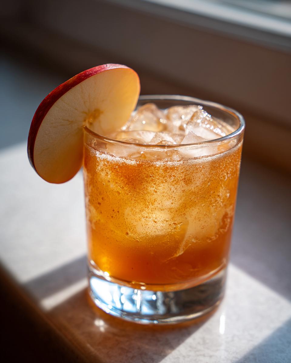 A refreshing Thanksgiving Apple Butter Whiskey Sour cocktail served over ice with an apple slice garnish.