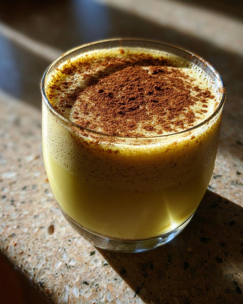 A close-up of a glass of Thanksgiving Bourbon Vanilla Eggnog, topped with frothy foam and a dusting of cinnamon.