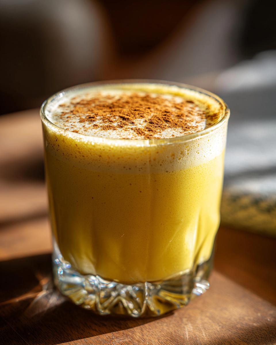 A close-up of a glass filled with creamy yellow Thanksgiving Bourbon Vanilla Eggnog, topped with foam and a sprinkle of cinnamon.