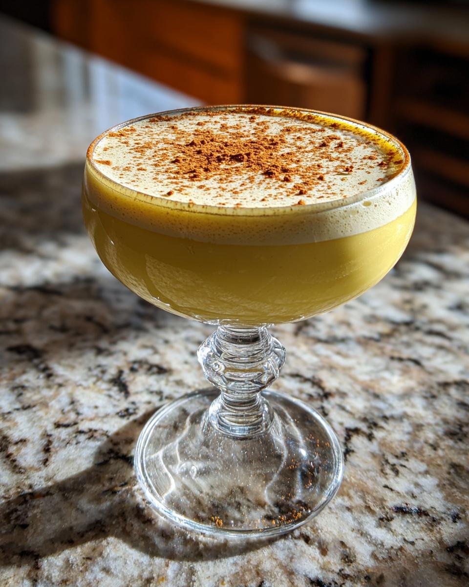 A festive glass of Thanksgiving Bourbon Vanilla Eggnog, topped with foam and a sprinkle of cinnamon.