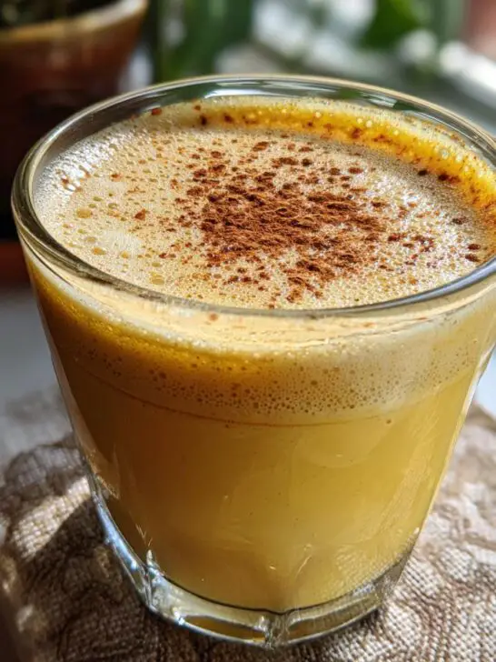 A close-up of a glass filled with creamy Thanksgiving Bourbon Vanilla Eggnog, topped with cinnamon.