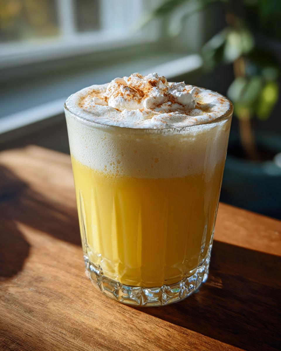 A festive glass of Thanksgiving Bourbon Vanilla Eggnog, topped with whipped cream and a sprinkle of cinnamon.