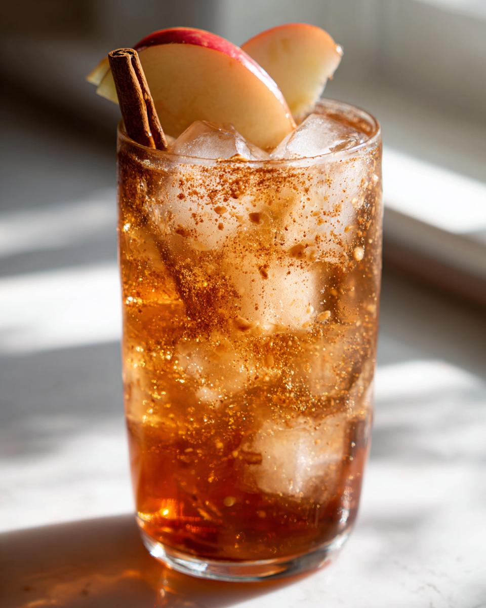 A refreshing Thanksgiving Caramel Apple Mocktail garnished with apple slices, a cinnamon stick, and ice.