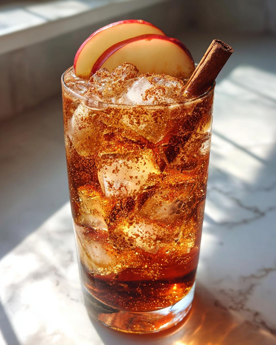 A tall glass filled with ice and a sparkling caramel apple mocktail, garnished with apple slices and a cinnamon stick.