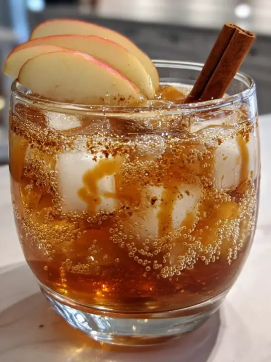 A refreshing Thanksgiving Caramel Apple Mocktail served over ice, garnished with apple slices and a cinnamon stick.