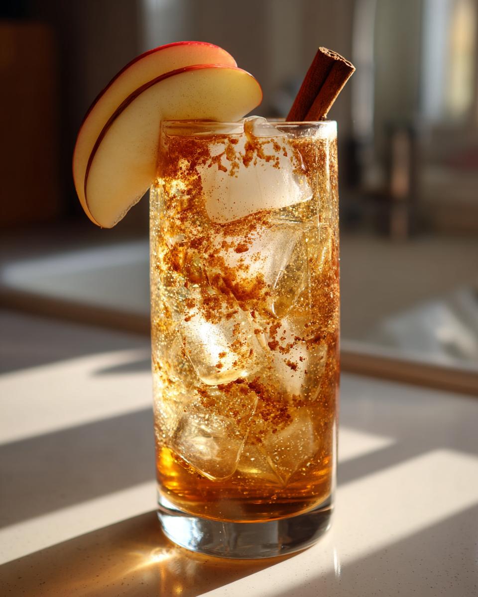 A tall glass filled with ice and a golden liquid, garnished with apple slices and a cinnamon stick. This is a Thanksgiving Caramel Apple Mocktail.