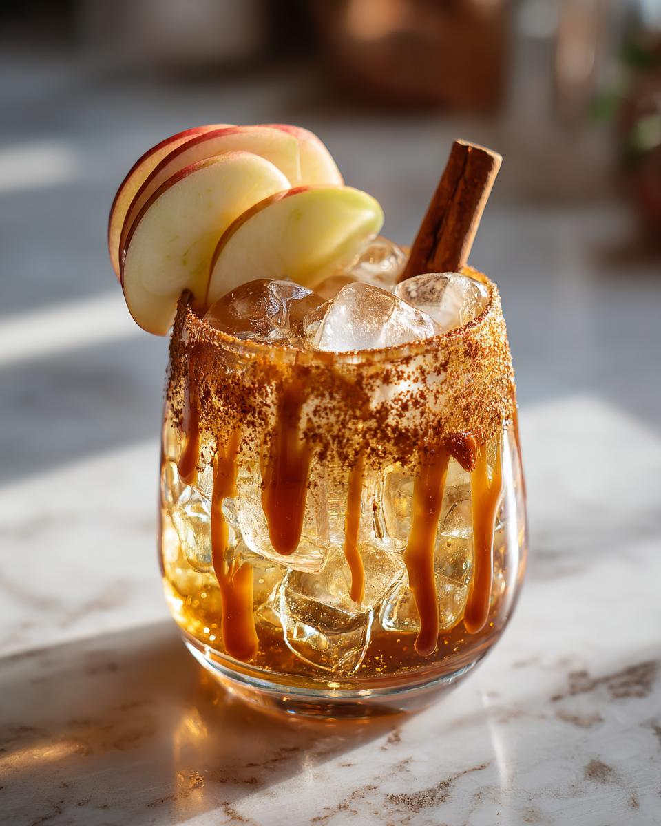 A festive Thanksgiving Caramel Apple Mocktail served in a glass with ice, caramel drizzle, apple slices, and a cinnamon stick.
