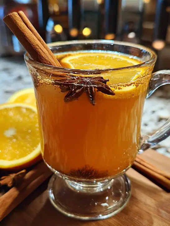 A warm Thanksgiving Chai Spiced Hot Toddy in a glass mug, garnished with orange slices, star anise, and cinnamon sticks.