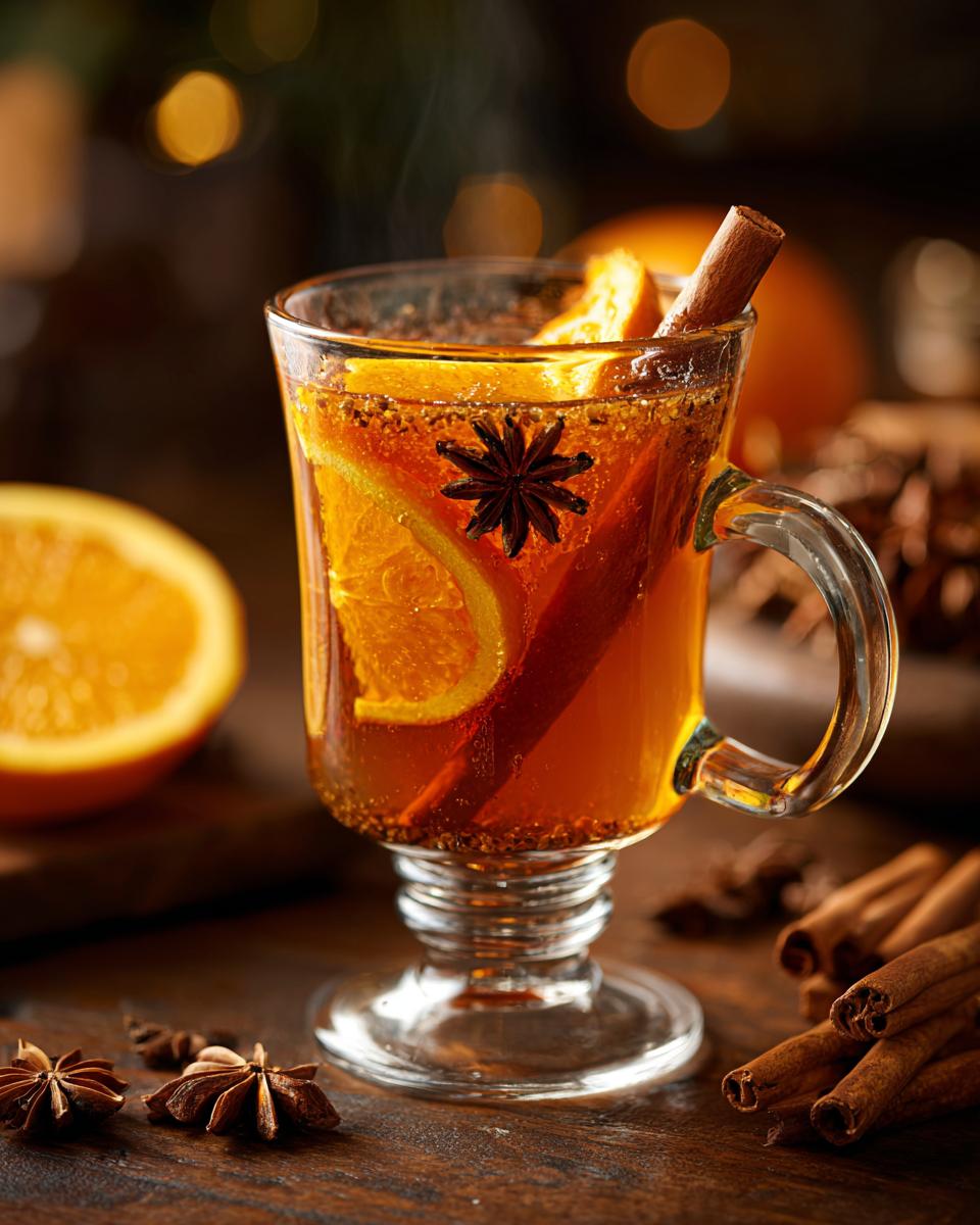 A steaming mug of Thanksgiving Chai Spiced Hot Toddy, garnished with orange slices, star anise, and a cinnamon stick.