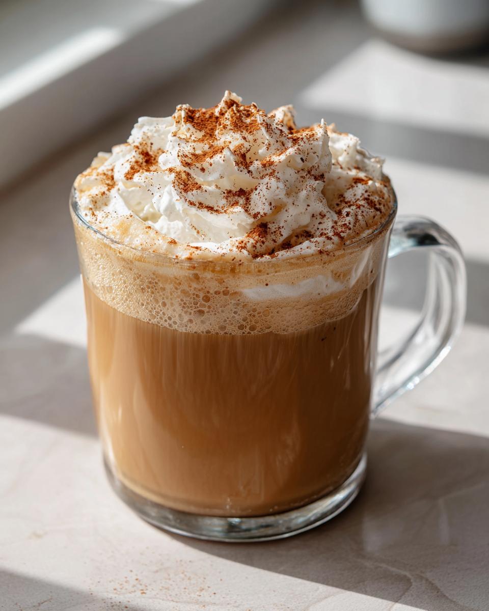 A cozy Thanksgiving Cinnamon Maple Latte topped with whipped cream and a sprinkle of cinnamon.