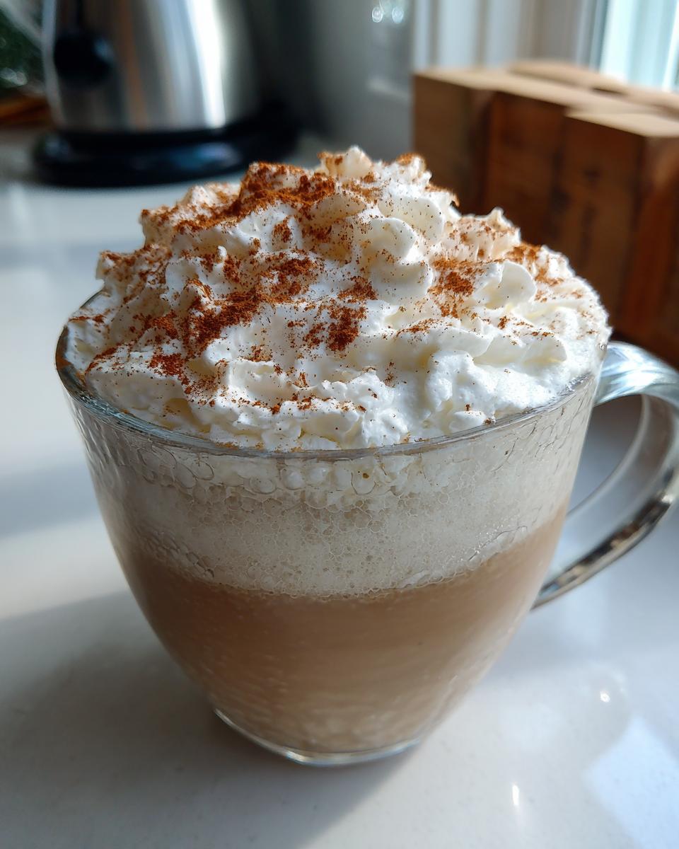 A close-up of a Thanksgiving Cinnamon Maple Latte topped with whipped cream and a dusting of cinnamon.