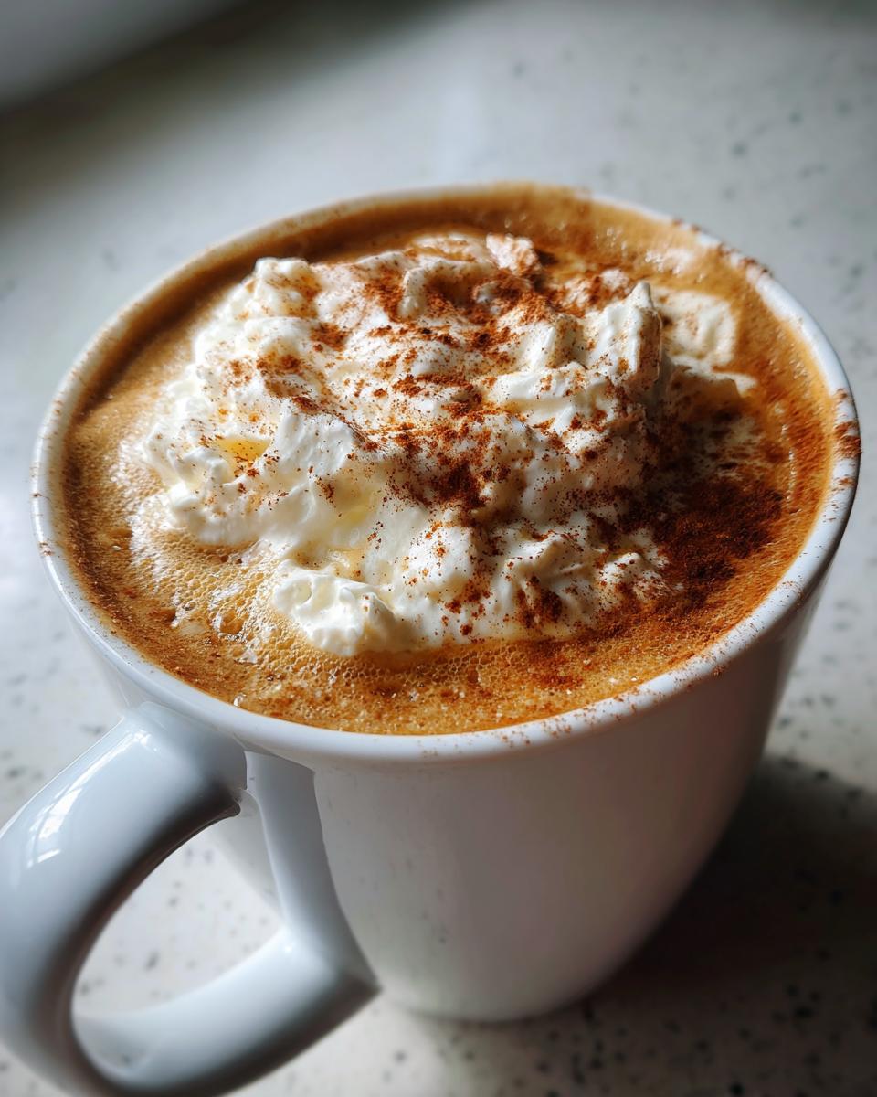 A warm Thanksgiving Cinnamon Maple Latte topped with whipped cream and a sprinkle of cinnamon.