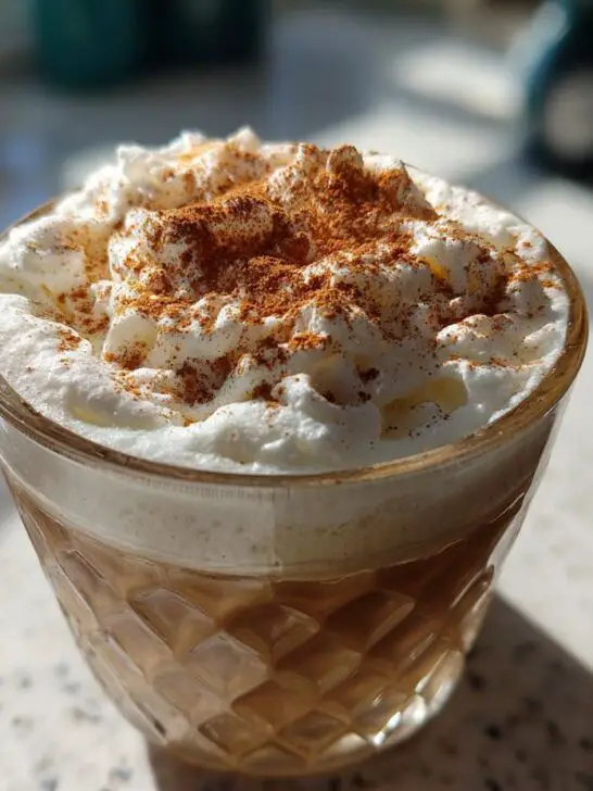 A close-up of a Thanksgiving Cinnamon Maple Latte topped with whipped cream and a sprinkle of cinnamon.