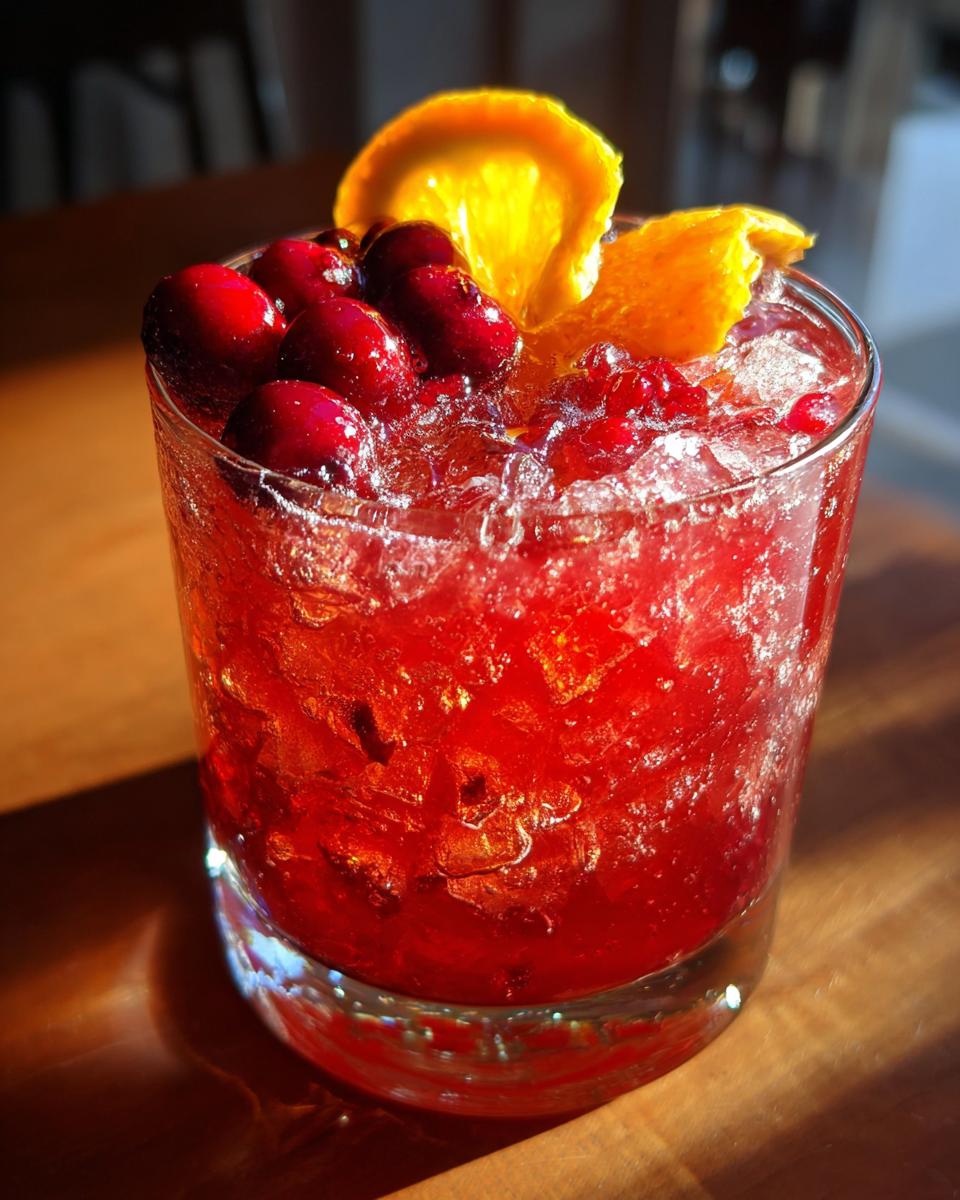 A refreshing Thanksgiving Cranberry Bourbon Smash cocktail filled with ice, garnished with cranberries and an orange slice.