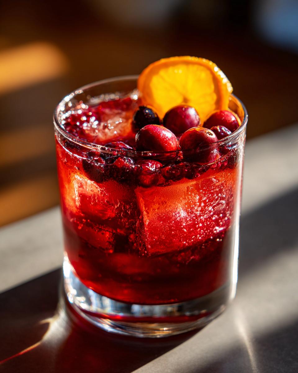 A festive Thanksgiving Cranberry Bourbon Smash cocktail in a glass, garnished with fresh cranberries and an orange slice.