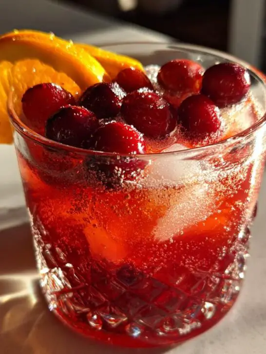 A refreshing Thanksgiving Cranberry Bourbon Smash cocktail garnished with fresh cranberries and an orange slice.
