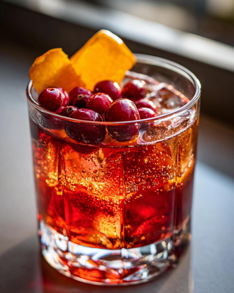 A refreshing Thanksgiving Cranberry Bourbon Smash cocktail garnished with fresh cranberries and an orange peel.