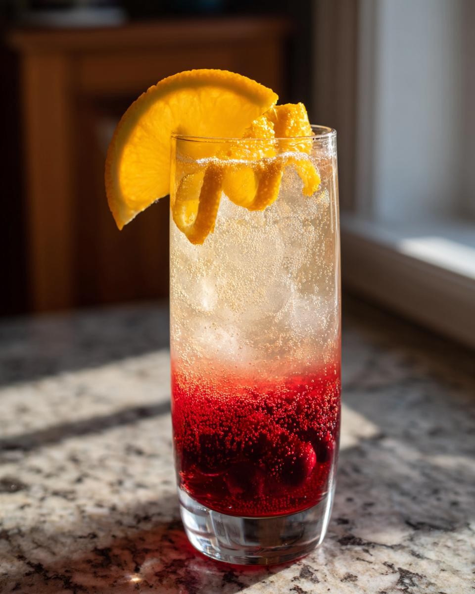 A festive Thanksgiving Cranberry Orange Sparkler cocktail with ice, garnished with an orange slice and peel.
