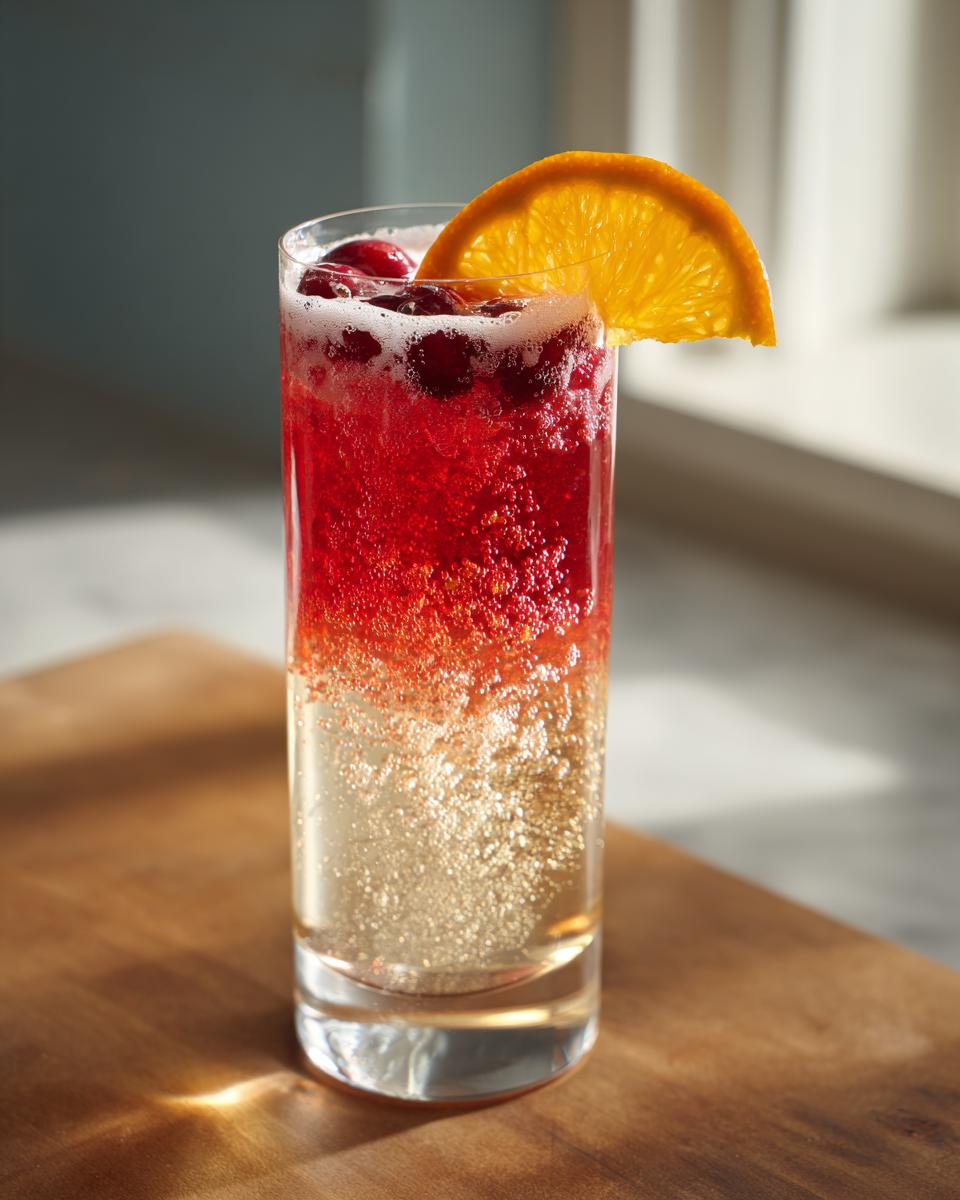 A tall glass of Thanksgiving Cranberry Orange Sparkler cocktail, garnished with an orange slice and cranberries.