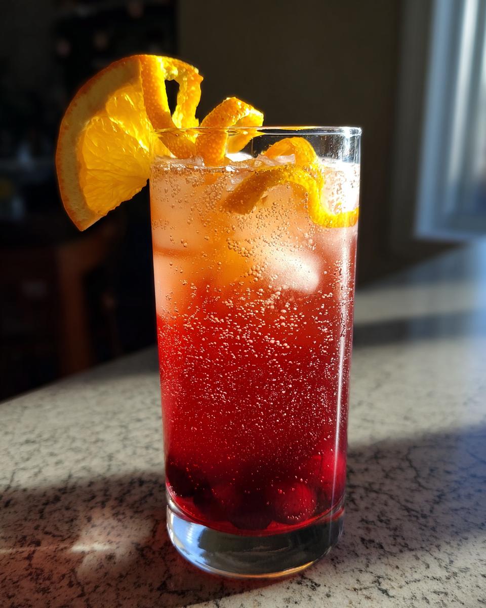 A tall glass of Thanksgiving Cranberry Orange Sparkler with ice, cranberries, orange slice, and orange peel garnish.