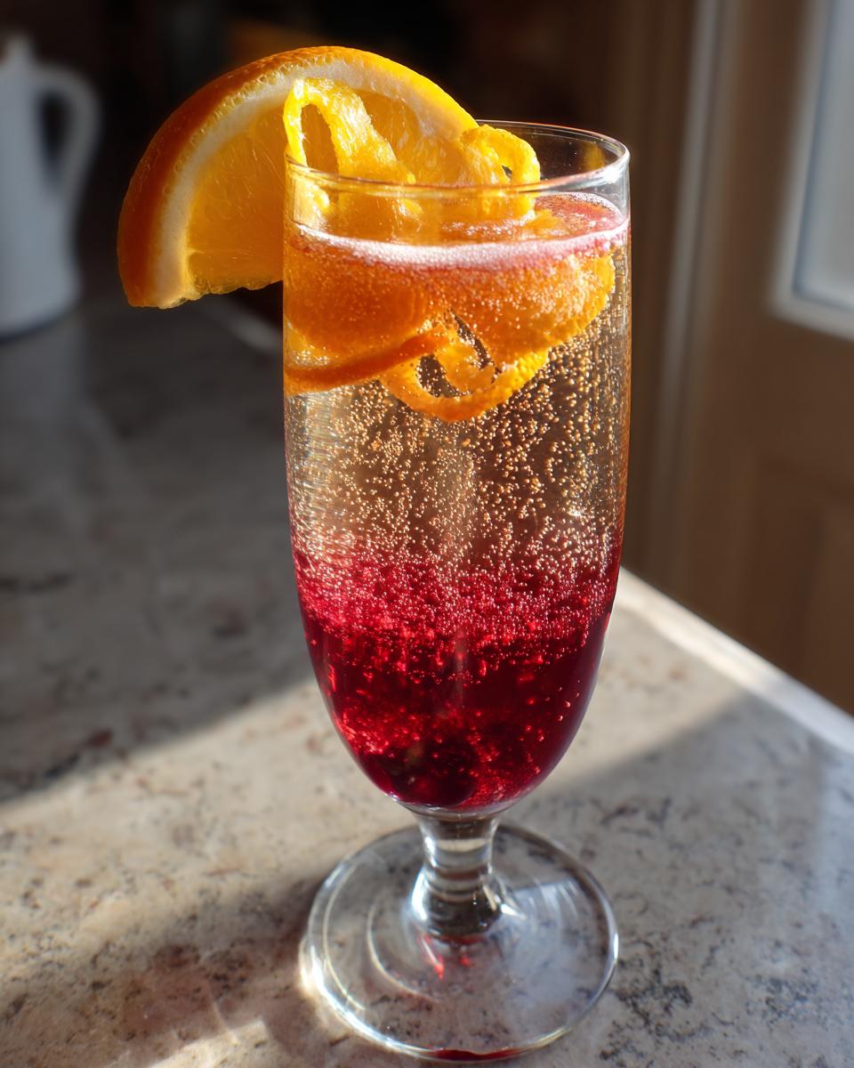 A festive Thanksgiving Cranberry Orange Sparkler cocktail garnished with an orange slice and peel, showing bubbles and red cranberry base.