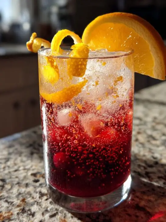 A refreshing Thanksgiving Cranberry Orange Sparkler cocktail with ice, garnished with an orange slice and zest.