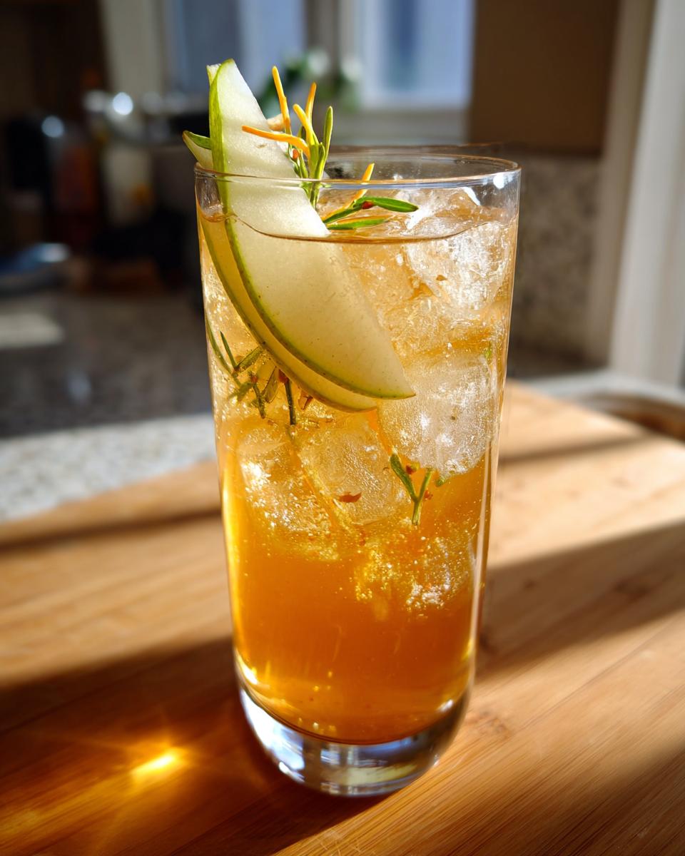 A refreshing Thanksgiving Ginger Pear Spritz cocktail in a tall glass with ice, garnished with pear slices and rosemary.