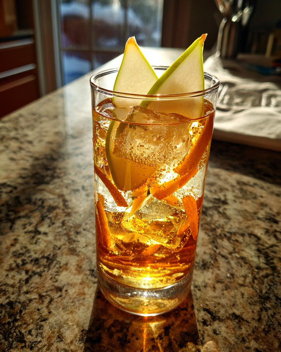 A refreshing Thanksgiving Ginger Pear Spritz cocktail with ice, orange peel, and pear slices.
