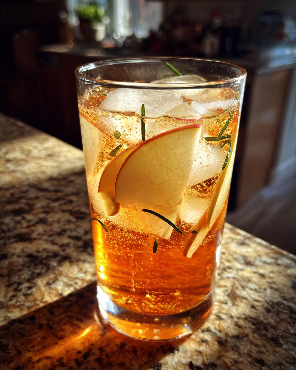 A refreshing Thanksgiving Ginger Pear Spritz cocktail with ice, apple slices, and rosemary sprigs.