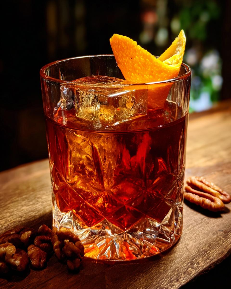 A Thanksgiving Maple Pecan Old Fashioned cocktail in a crystal glass with a large ice cube and orange peel garnish, next to pecans.