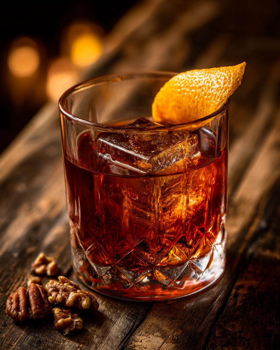 A close-up of a Thanksgiving Maple Pecan Old Fashioned cocktail in a glass with a large ice cube and orange peel, next to pecans.