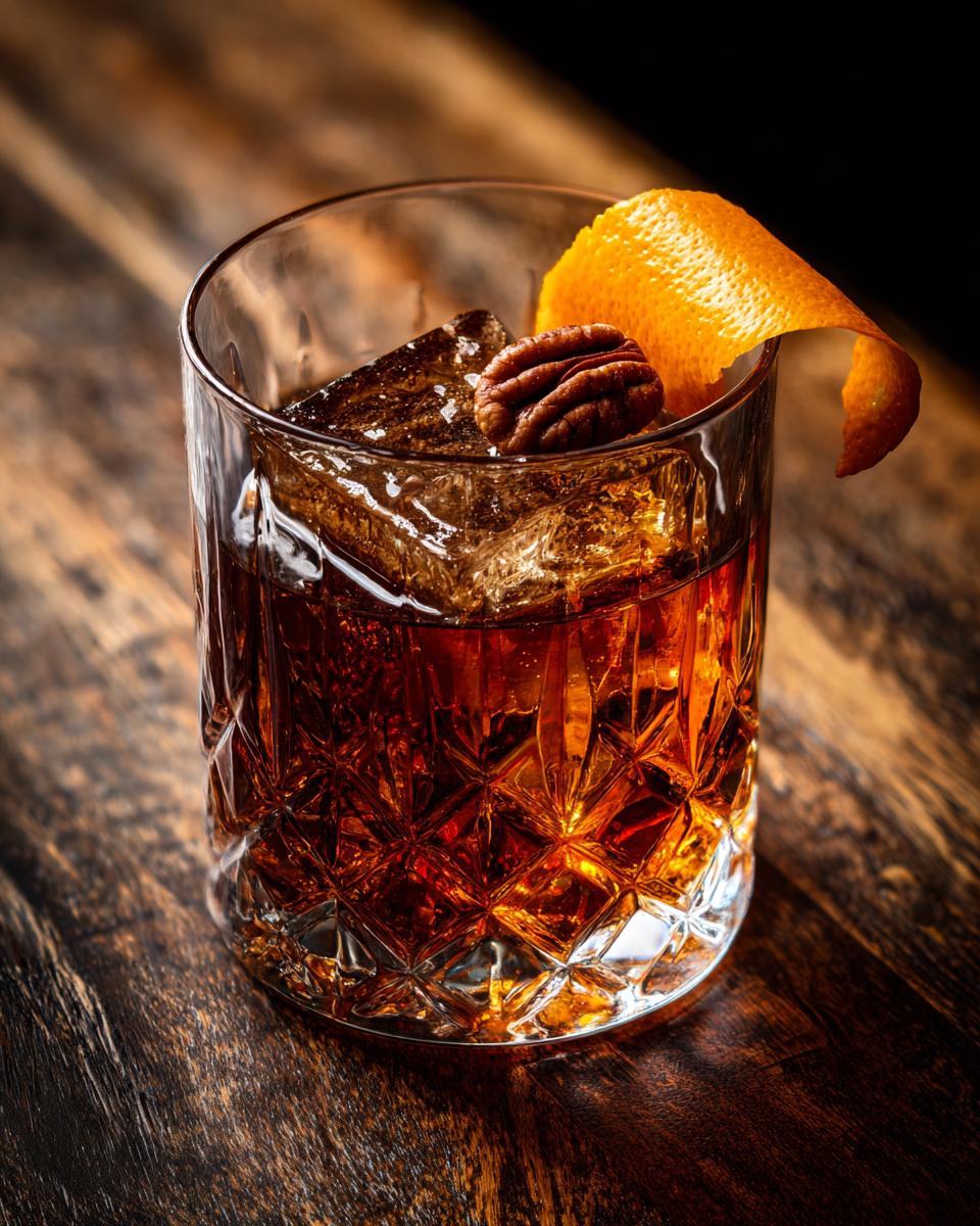 A Thanksgiving Maple Pecan Old Fashioned cocktail in a crystal glass with ice, garnished with an orange peel and a pecan.