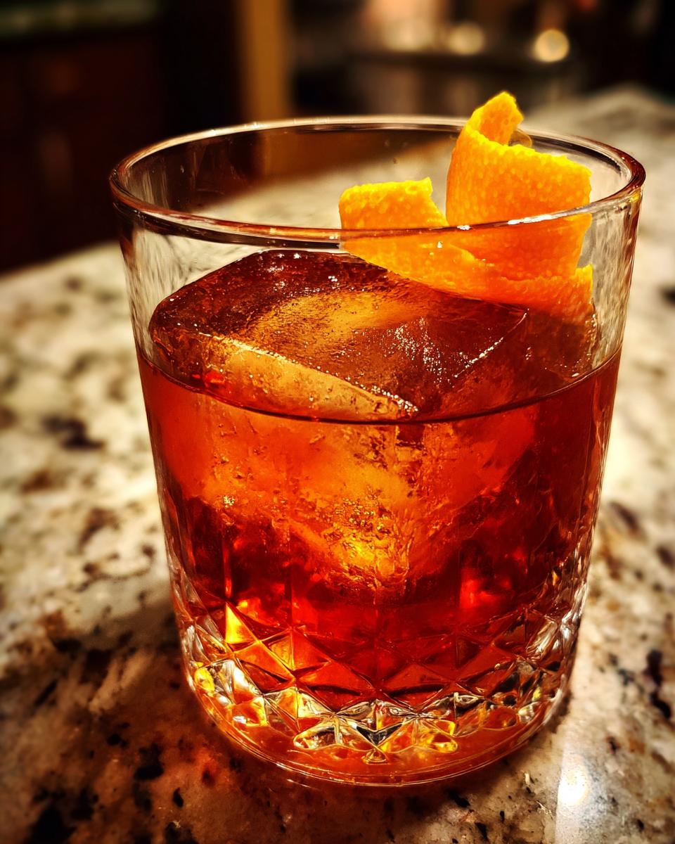 A close-up of a Thanksgiving Maple Pecan Old Fashioned cocktail in a crystal glass with a large ice cube and orange peel.