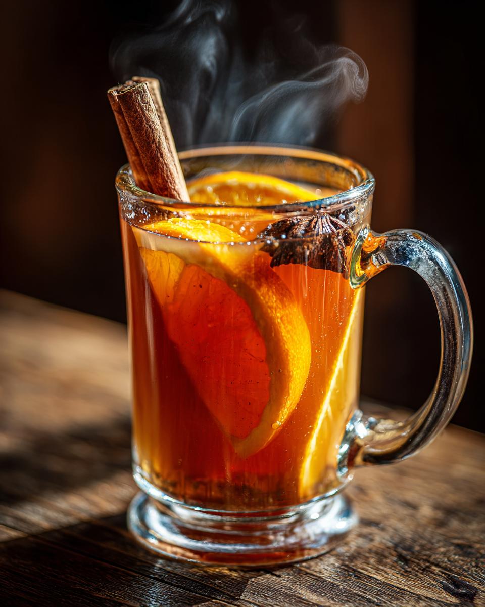 A close-up of a steaming mug of Thanksgiving Mulled Apple Cider, garnished with orange slices, cinnamon sticks, and star anise.