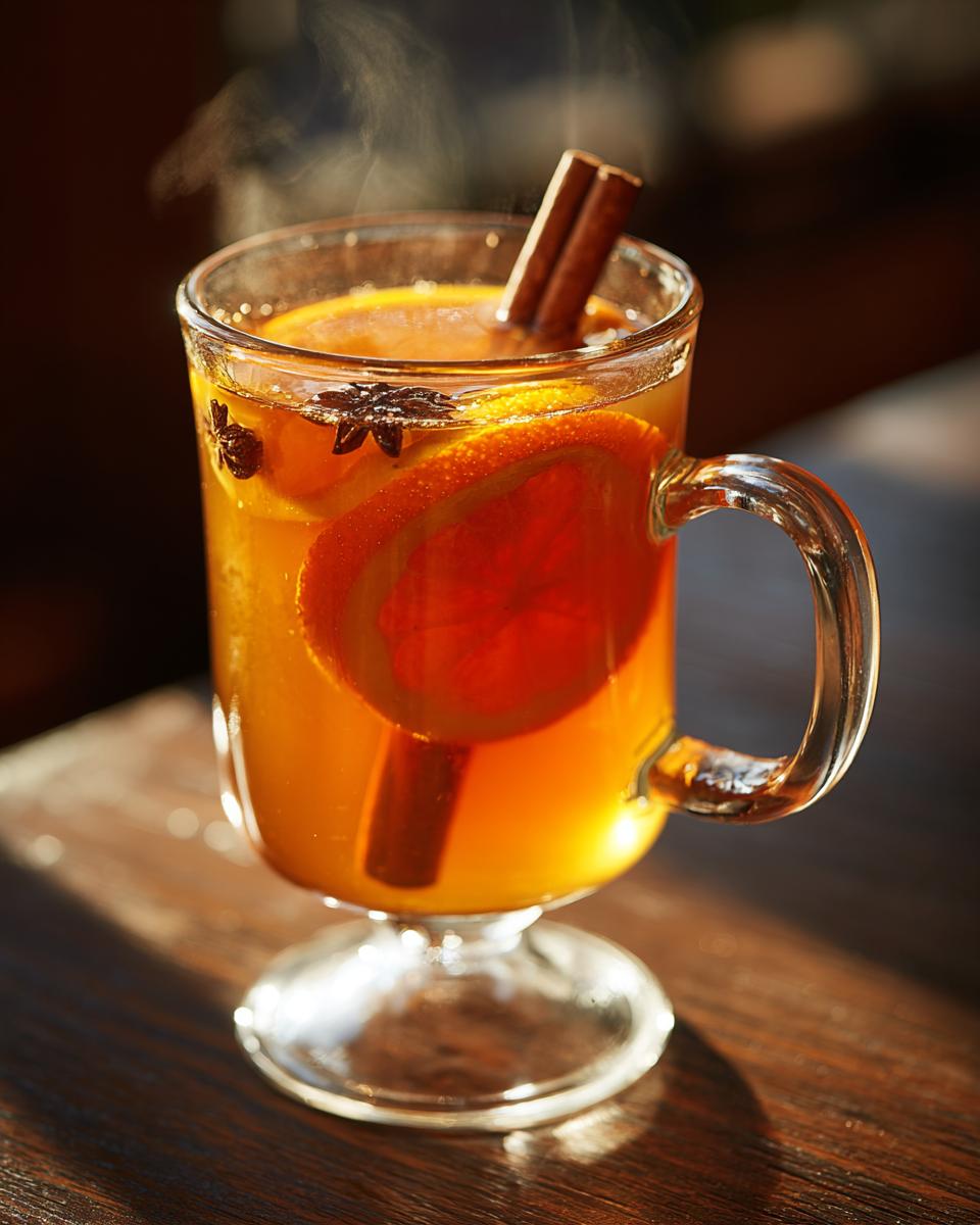 A steaming mug of Thanksgiving Mulled Apple Cider, garnished with orange slices, cinnamon sticks, and star anise.