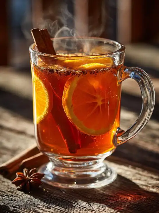A warm mug of Thanksgiving Mulled Apple Cider, garnished with orange slices and cinnamon sticks, with steam rising.