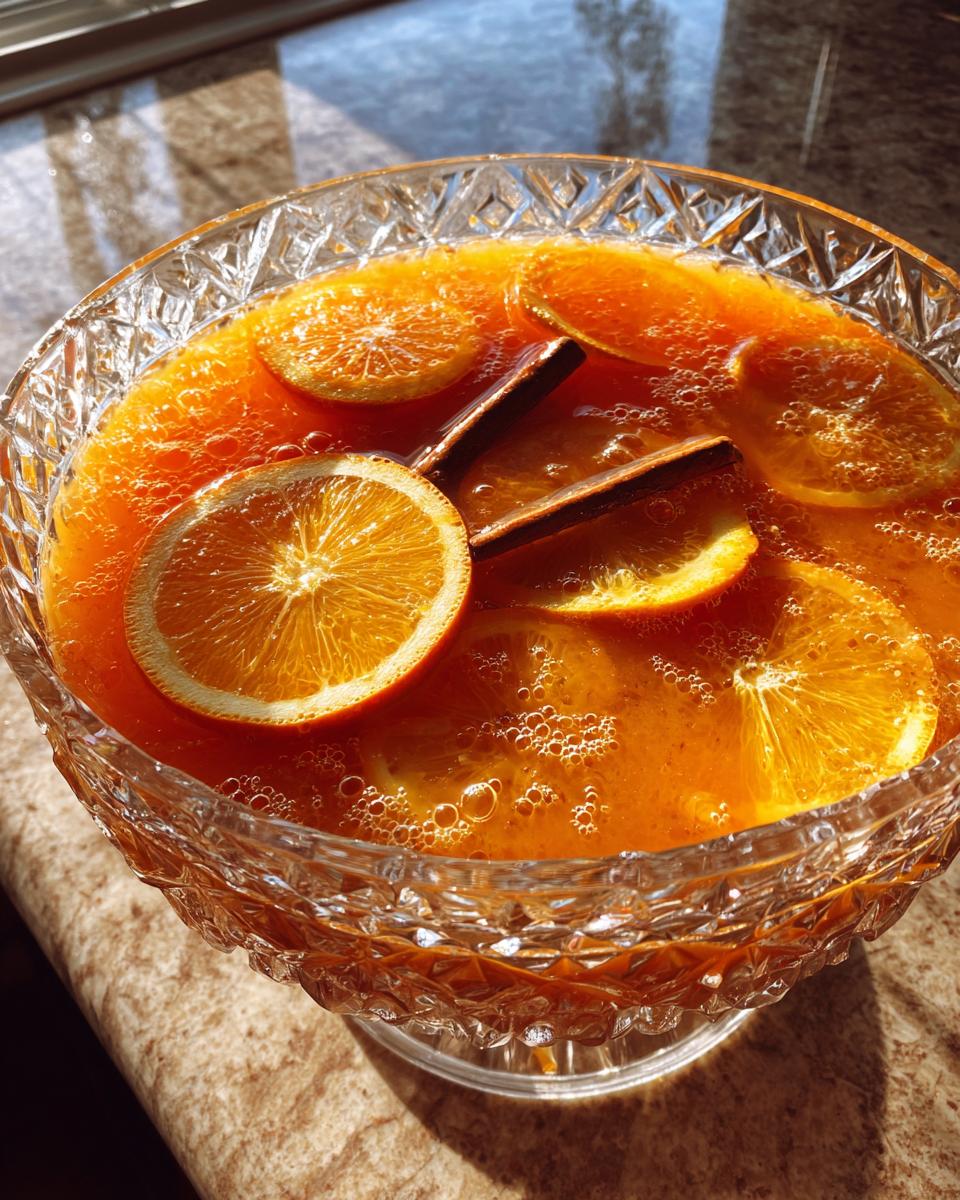 A crystal punch bowl filled with Thanksgiving Pumpkin Cider Punch, garnished with orange slices and cinnamon sticks.