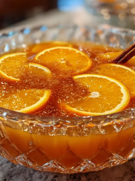 A crystal punch bowl filled with Thanksgiving Pumpkin Cider Punch, garnished with orange slices and a cinnamon stick.