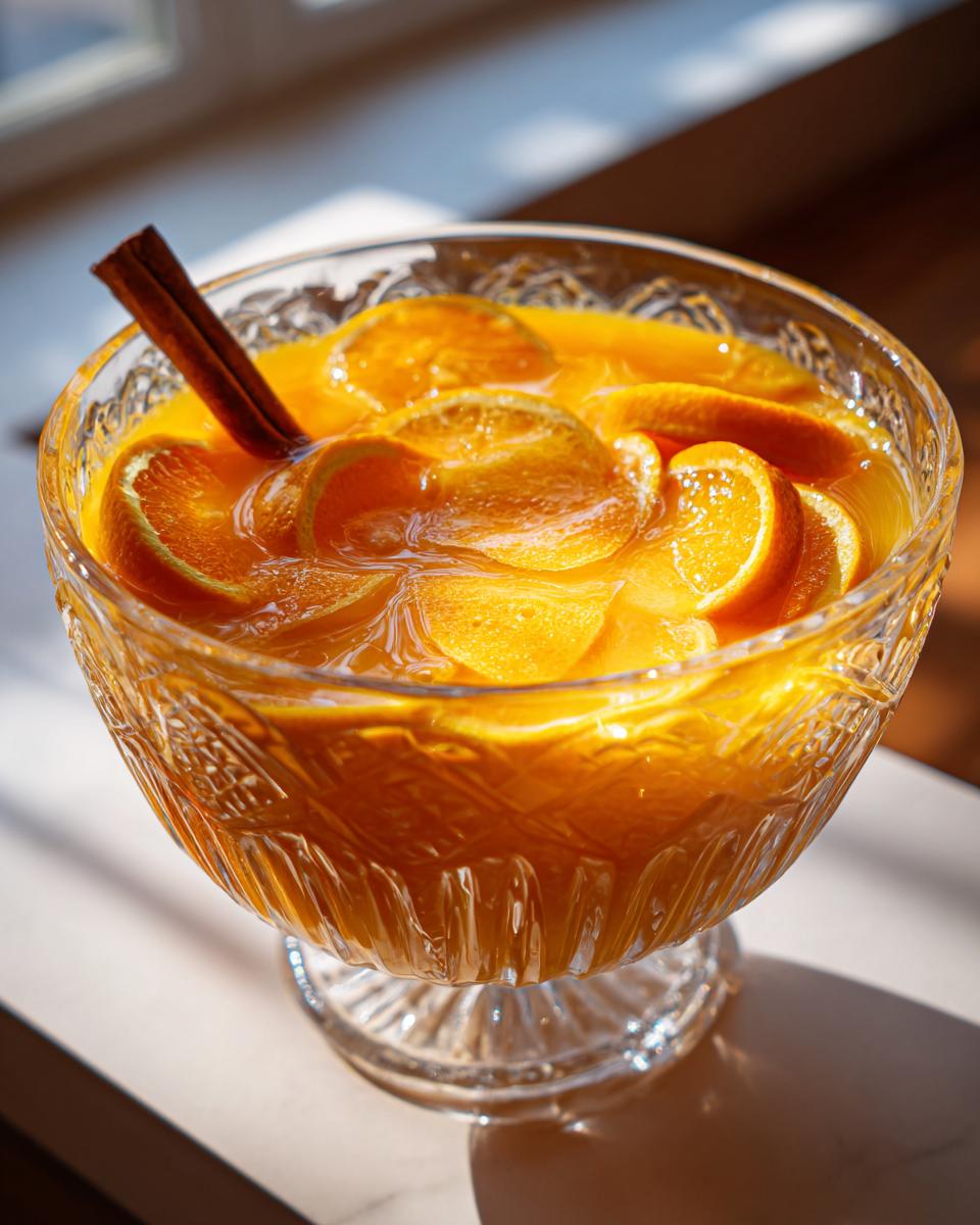 A crystal punch bowl filled with Thanksgiving Pumpkin Cider Punch, garnished with orange slices and a cinnamon stick.