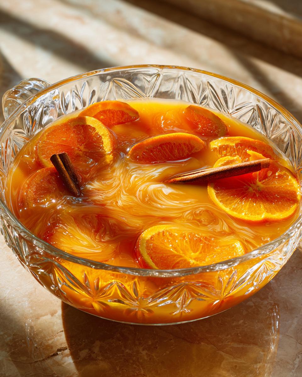 A crystal punch bowl filled with Thanksgiving Pumpkin Cider Punch, garnished with orange slices and cinnamon sticks.