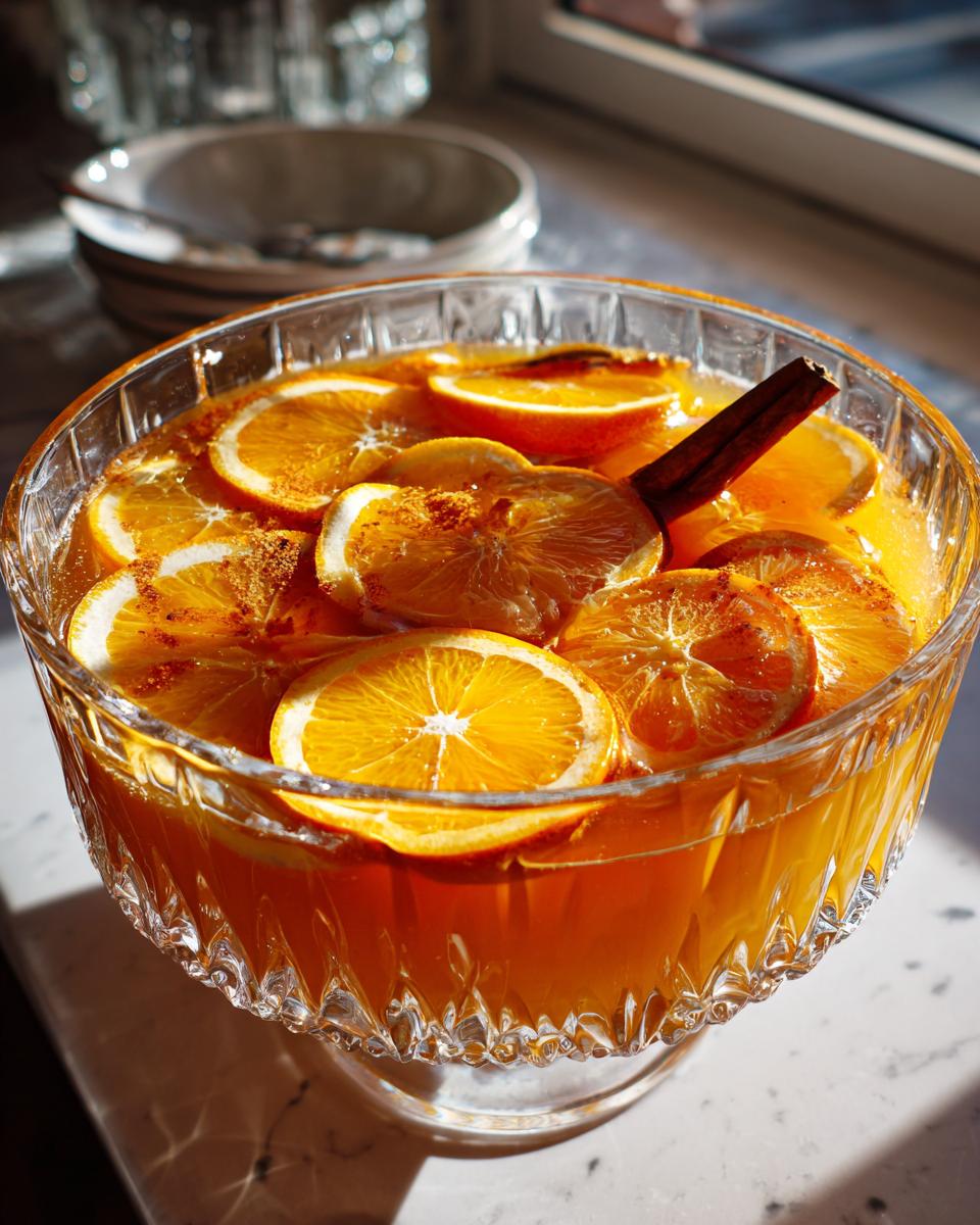 A crystal punch bowl filled with Thanksgiving Pumpkin Cider Punch, garnished with orange slices and a cinnamon stick.