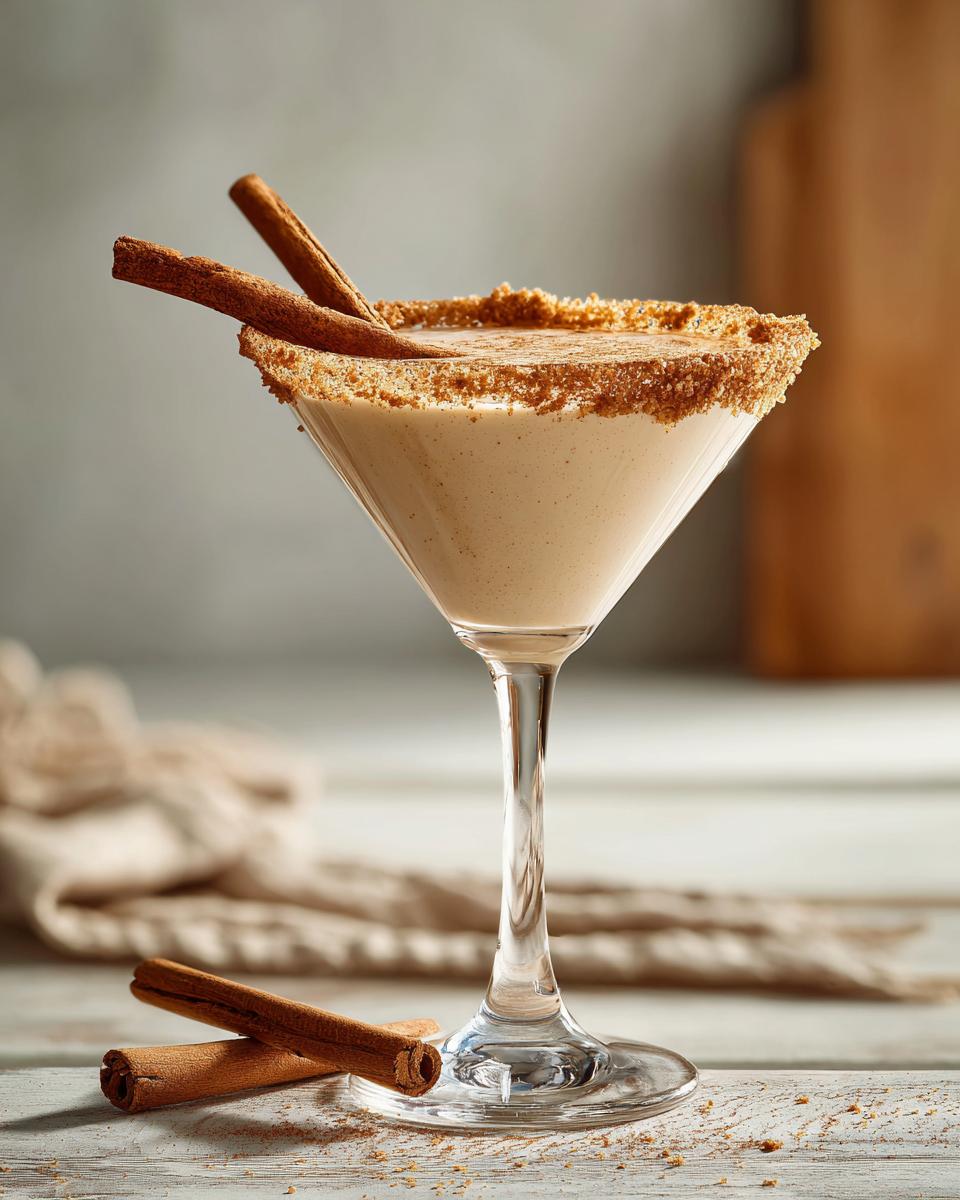 A festive Thanksgiving Pumpkin Pie Martini garnished with cinnamon sticks and a sugar rim.
