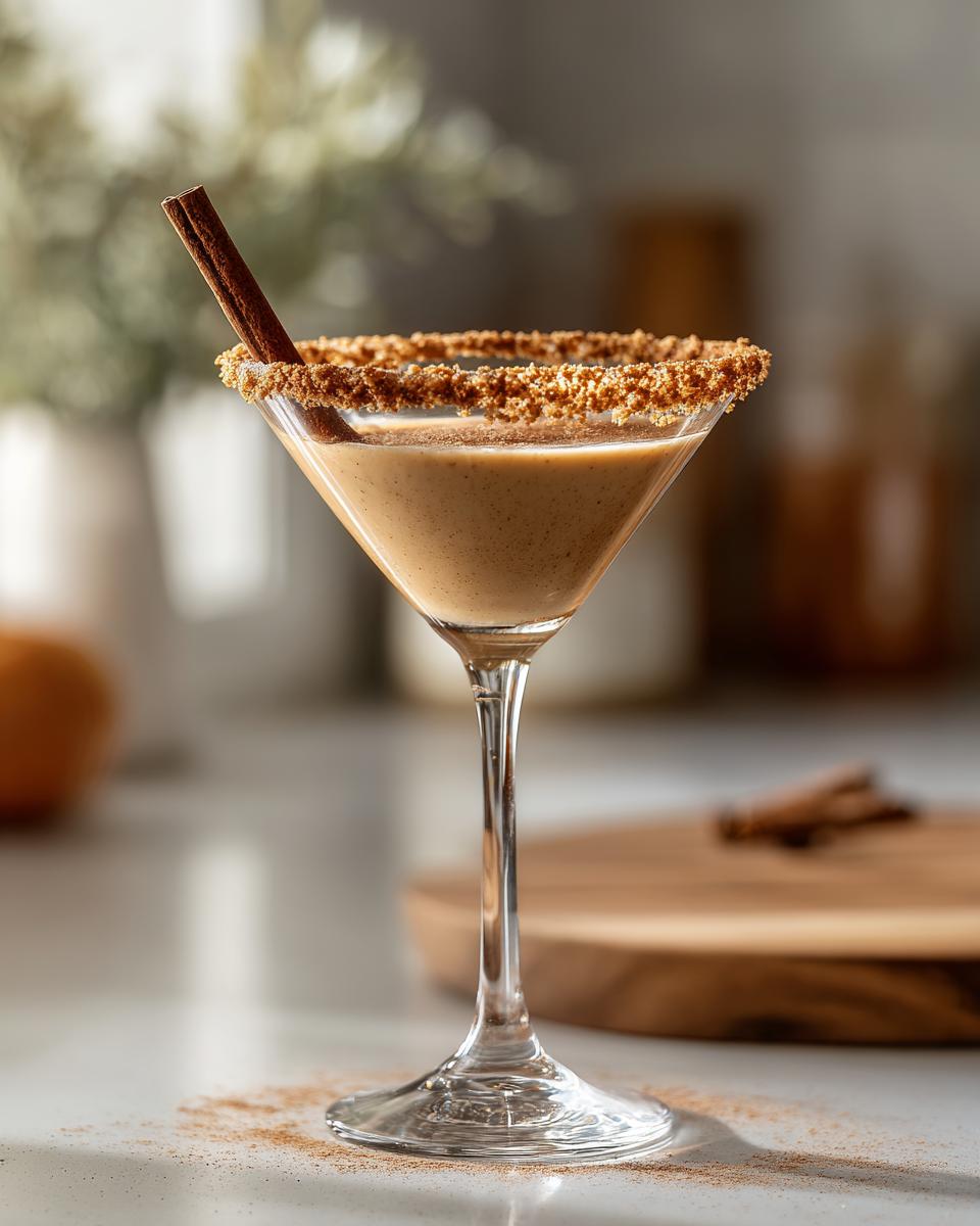 A festive Thanksgiving Pumpkin Pie Martini in a martini glass, rimmed with cinnamon sugar and garnished with a cinnamon stick.
