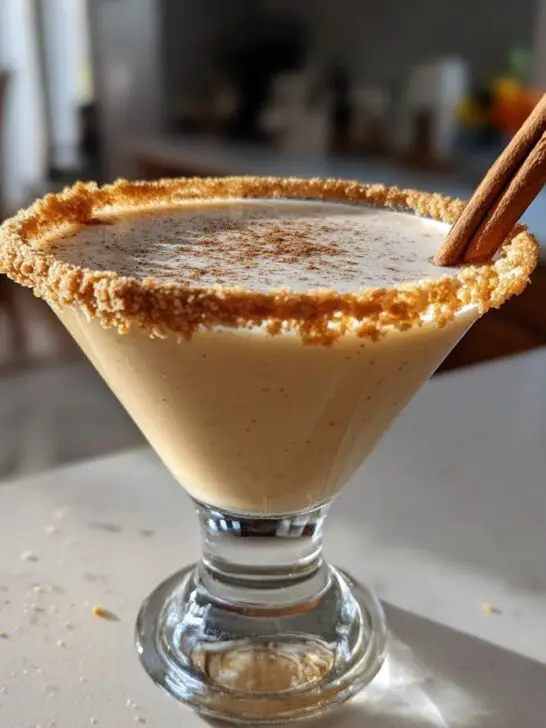 A festive Thanksgiving Pumpkin Pie Martini in a glass, rimmed with graham cracker crumbs and garnished with a cinnamon stick.