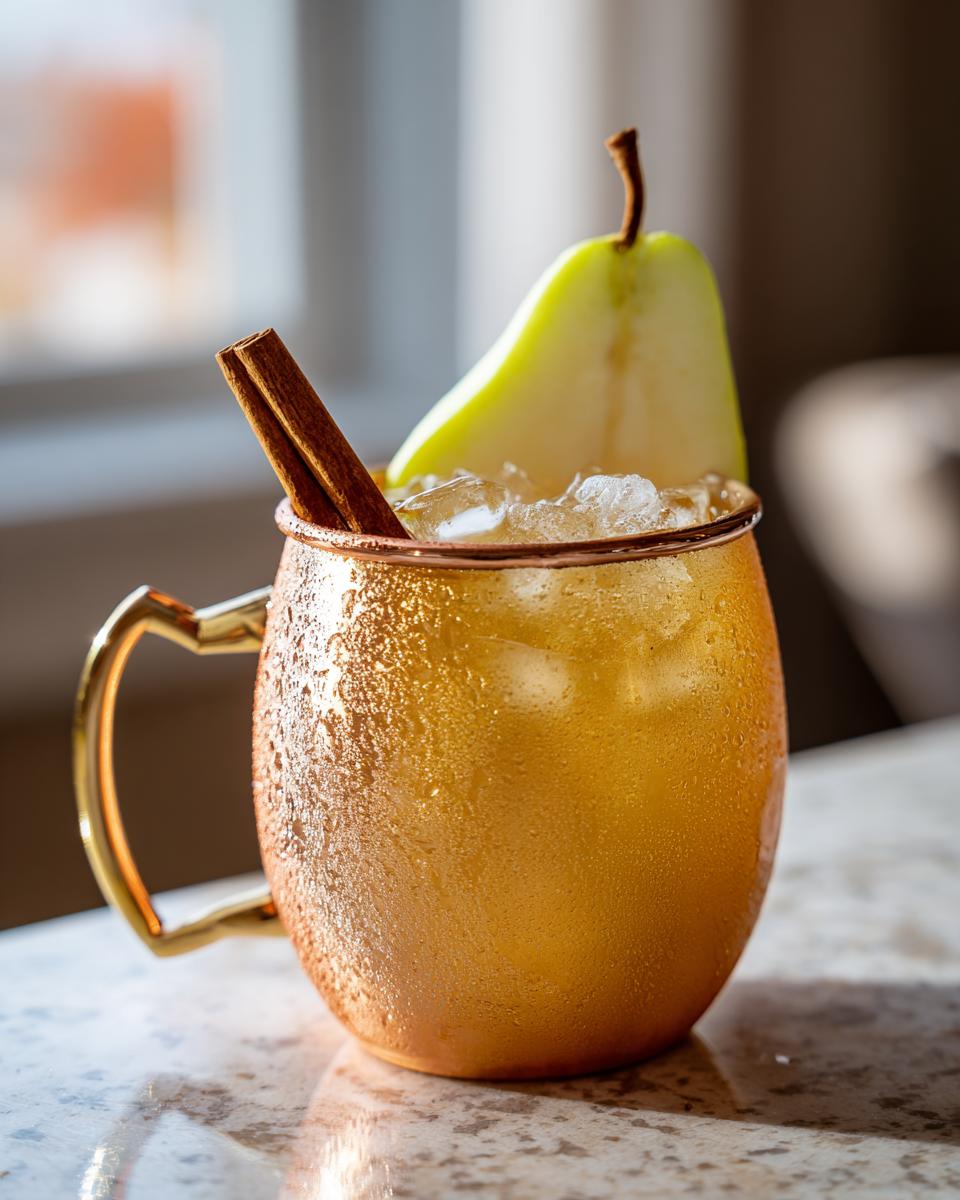 A refreshing Thanksgiving Spiced Pear Mule cocktail in a copper mug, garnished with pear and cinnamon stick.