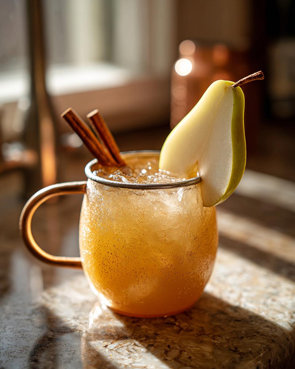 A refreshing Thanksgiving Spiced Pear Mule cocktail in a glass mug, garnished with a pear slice and cinnamon sticks.