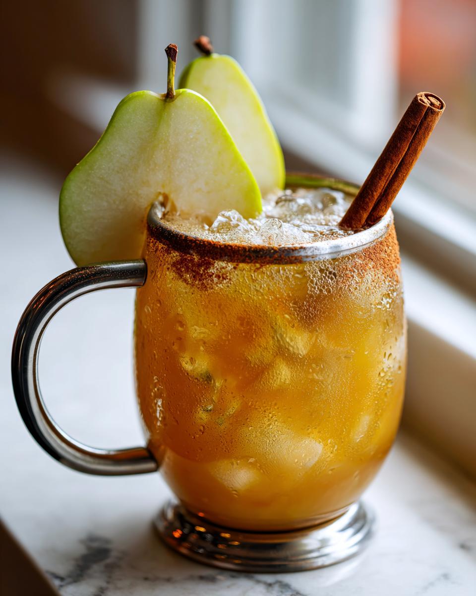 A refreshing Thanksgiving Spiced Pear Mule cocktail garnished with pear slices and a cinnamon stick.