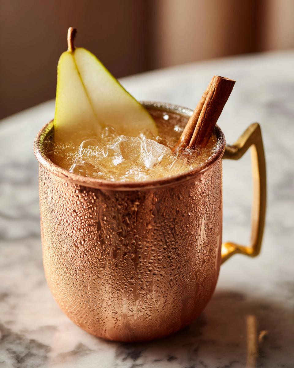 A refreshing Thanksgiving Spiced Pear Mule cocktail in a copper mug, garnished with a pear slice and cinnamon stick.