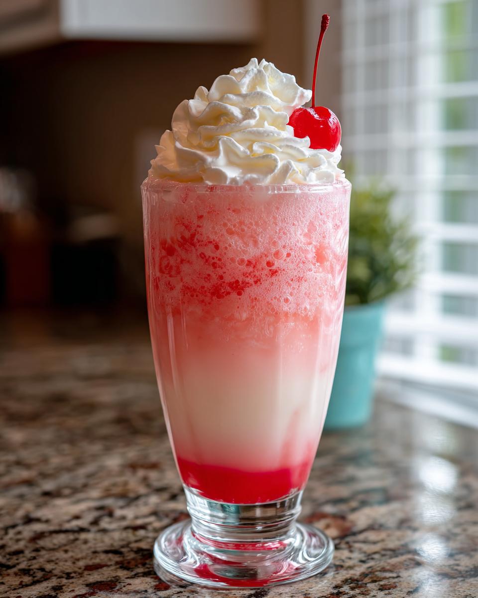 A festive Valentine’s Day Cherry Vanilla Cream Soda topped with whipped cream and a maraschino cherry.